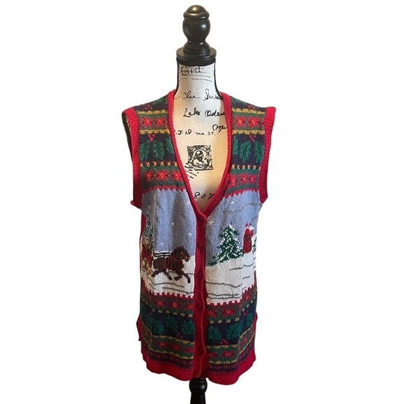 Talbots Sweaters - Talbots Christmas Sweater Knit Vest Red Green Size Medium Winter Holiday Novelty